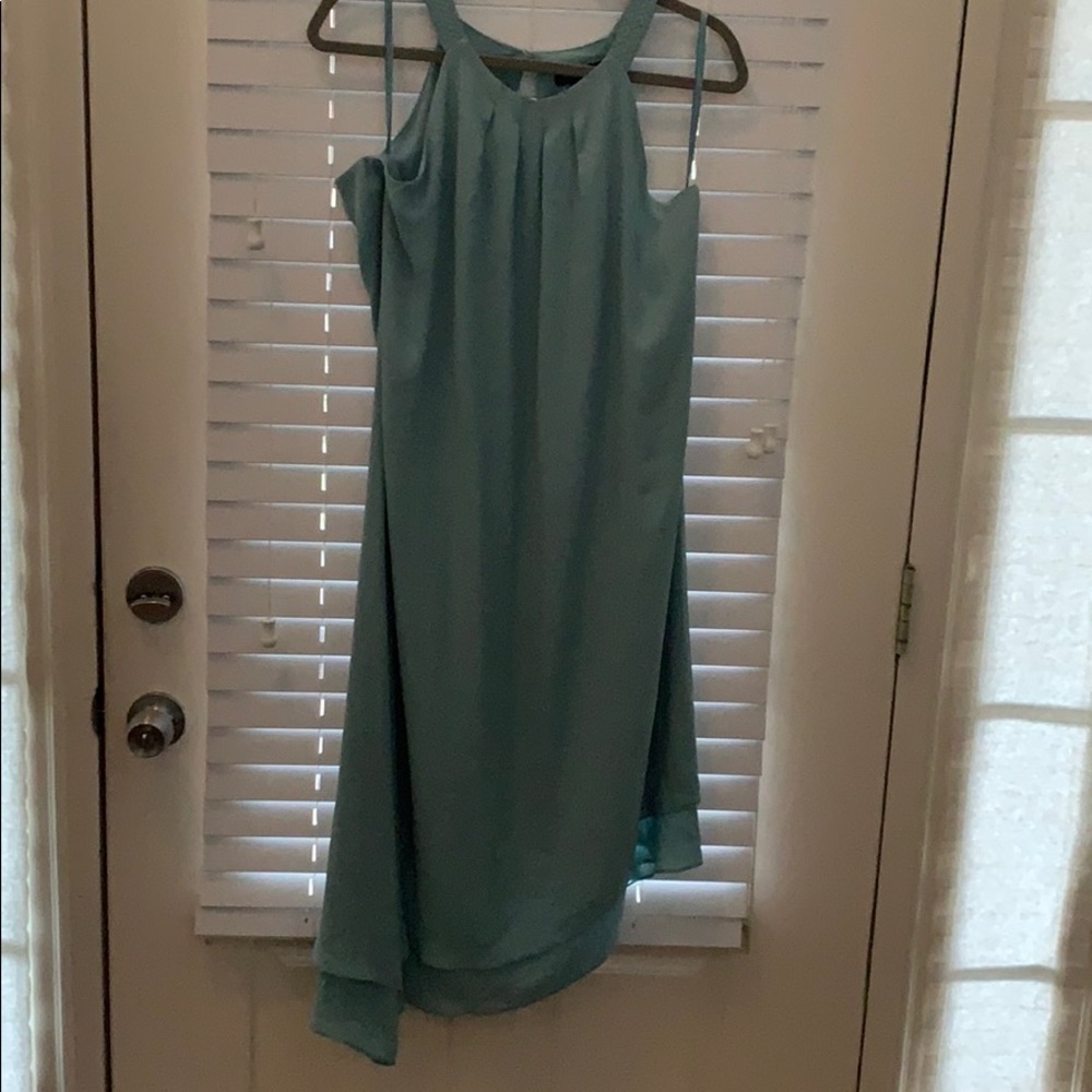 Aqua green asymmetrical hemline halter shift dress